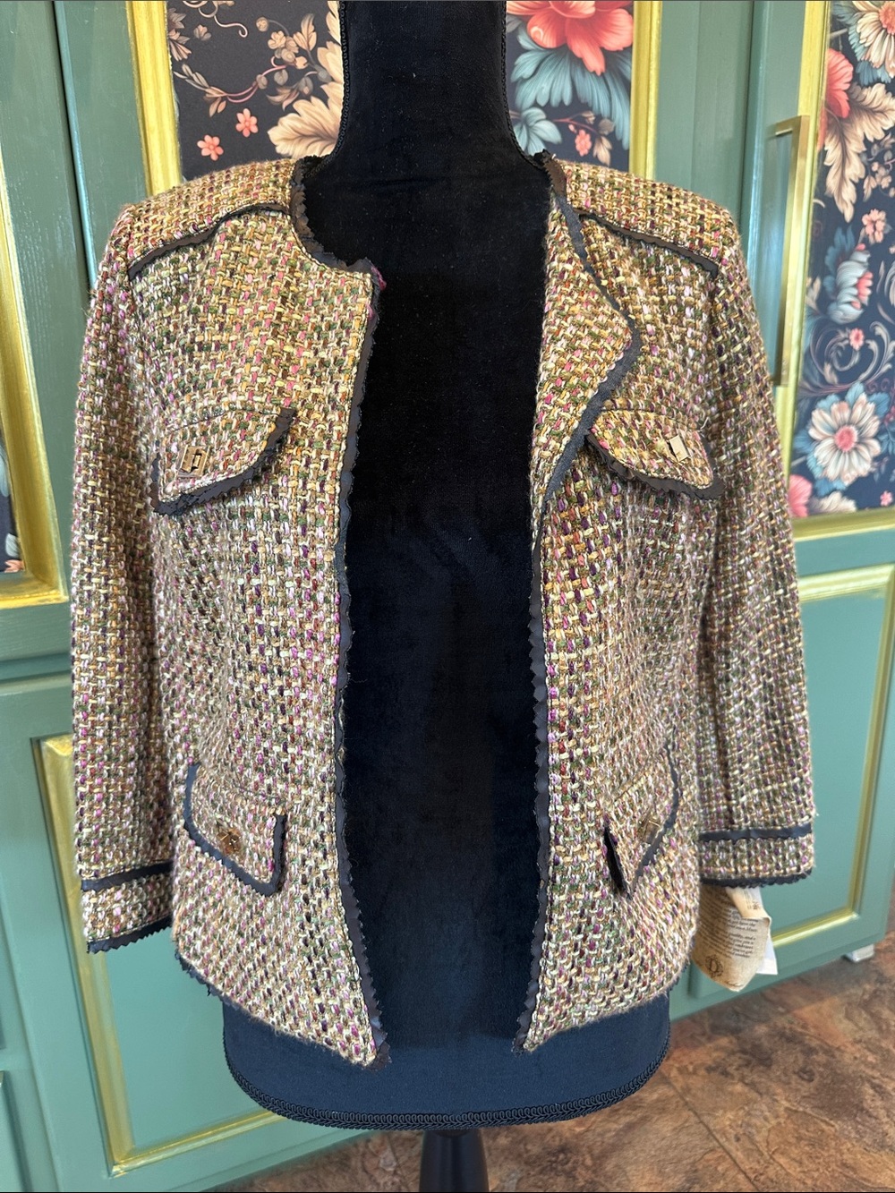 Democracy Multi-Color Bouclé Open-Front Blazer with Contrast Trim